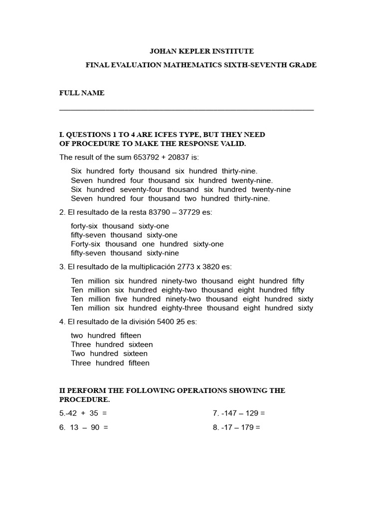 Final Evaluation for 6th-7th Grade Math | PDF | Discrete Mathematics ...