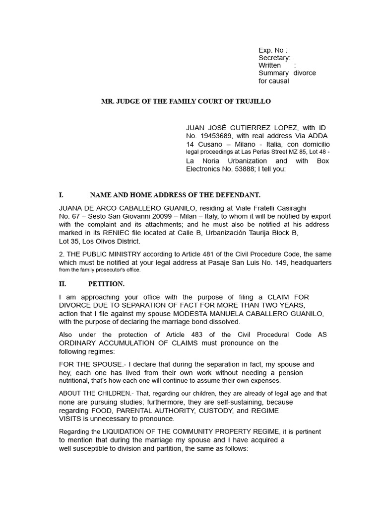Divorce Petition Due to Separation | PDF | Divorce | Marriage