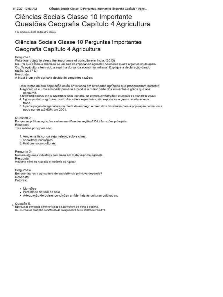 Perguntas Importantes sobre Agricultura na Geografia | PDF ...