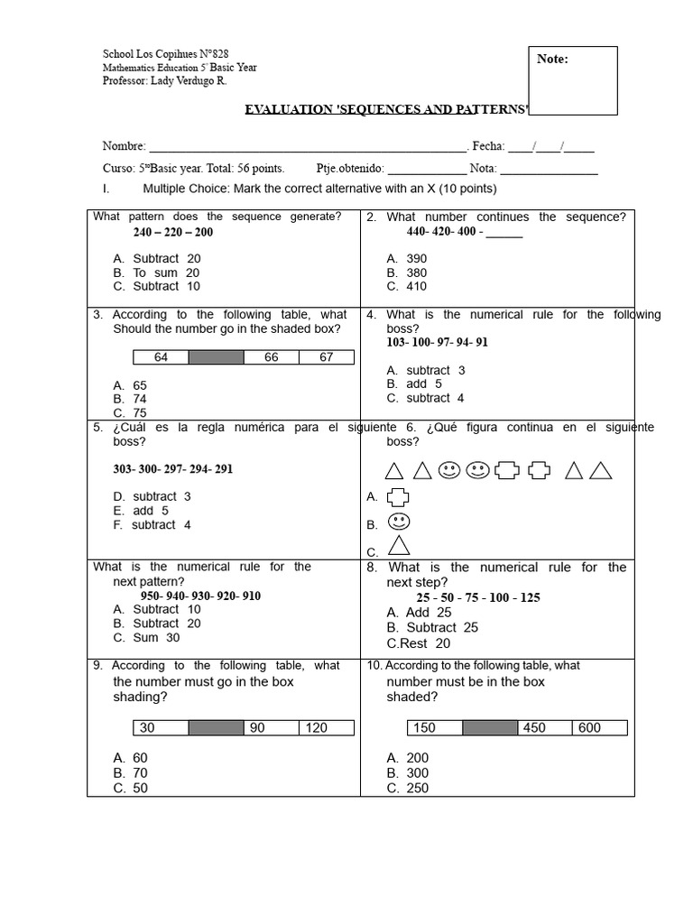 Math Evaluation: Sequences & Patterns | PDF | Multiple Choice | Mathematics