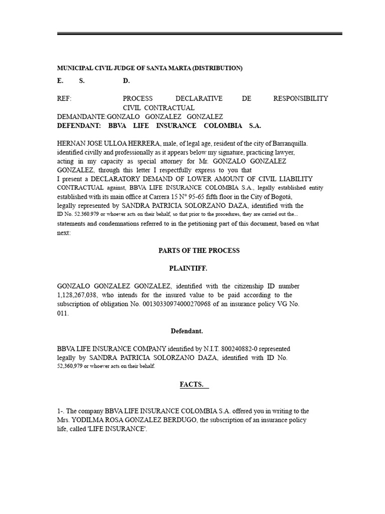 Civil Liability Claim Against BBVA Insurance | PDF | Insurance | Life ...