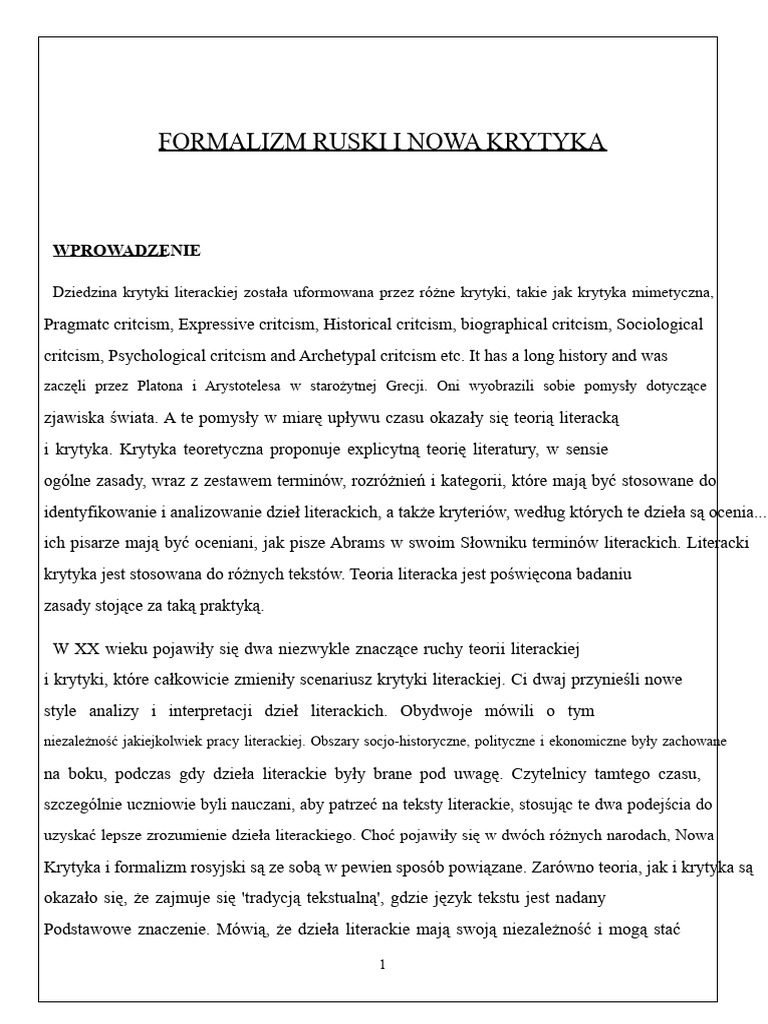 Formalizm Rosyjski I Nowa Krytyka | PDF