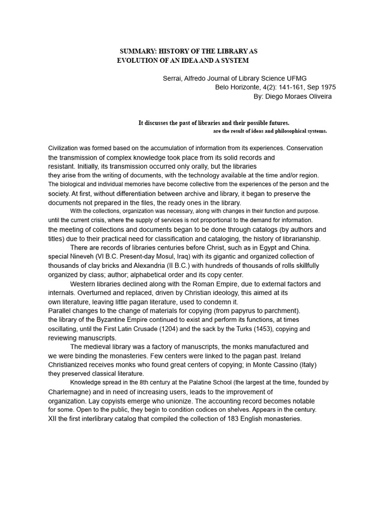 Summary - History of the Library as an Evolution of an Idea and a ...