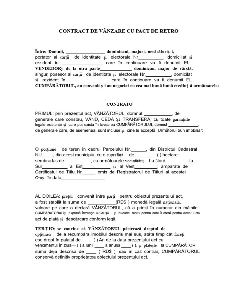 Contract de Vânzare Cu Pact de Retro | PDF