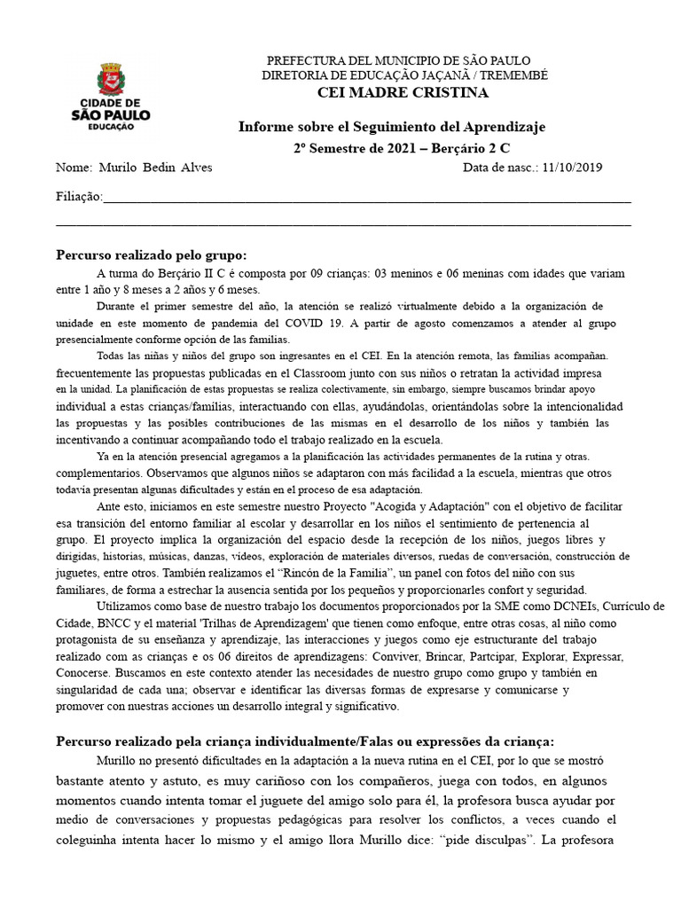 Cei Madre Cristina Informe Sobre El Seguimiento Del Aprendizaje | PDF ...