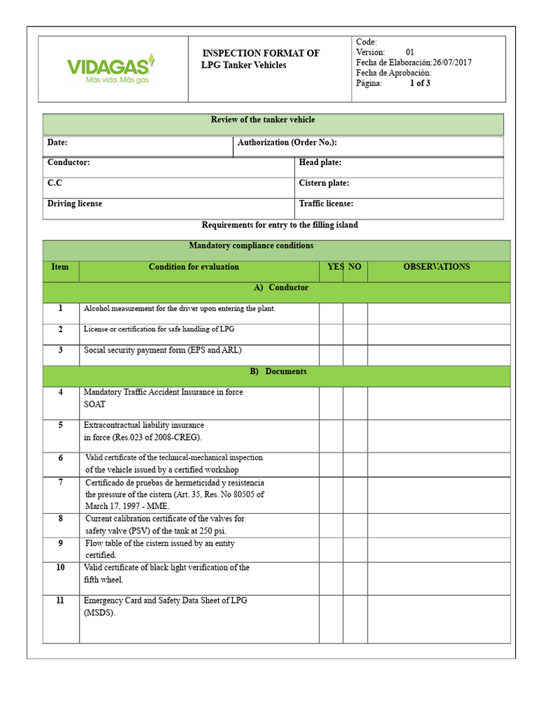 LPG Tanker Vehicle Inspection Checklist | PDF | Valve | Leak