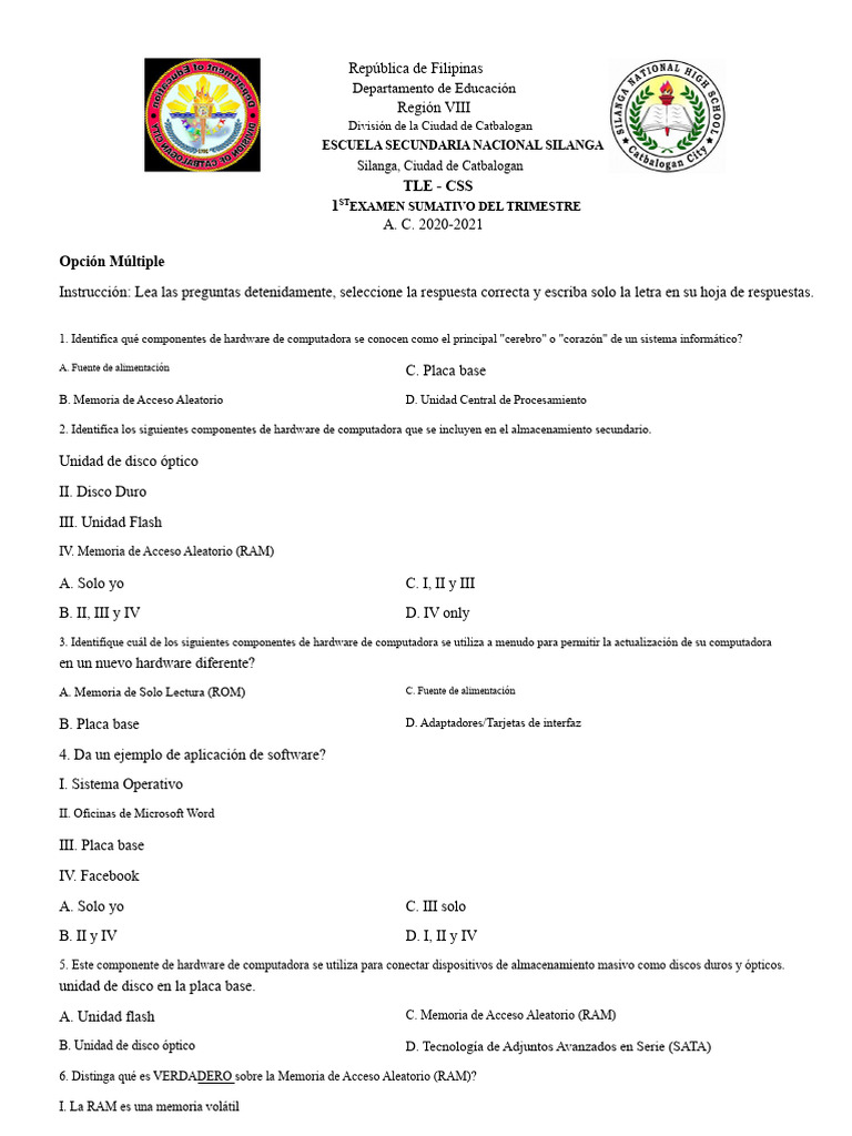 Examen de Hardware y Software TLE 2020-2021 | PDF | Hardware de la ...