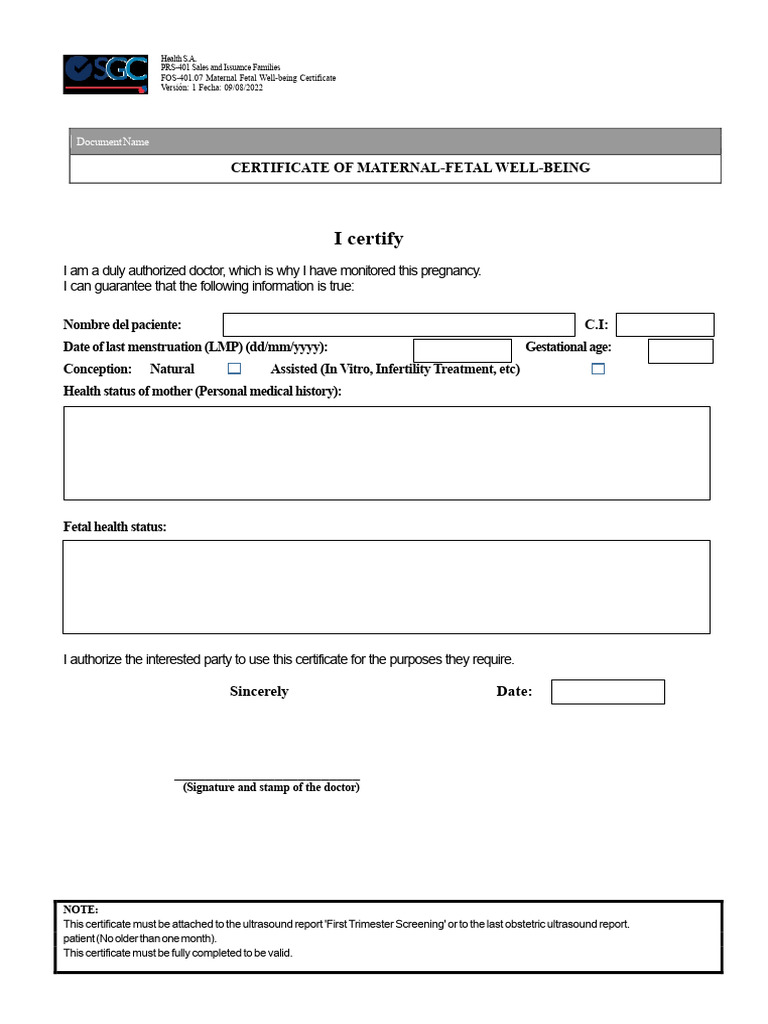 Maternal Fetal Certificate | PDF