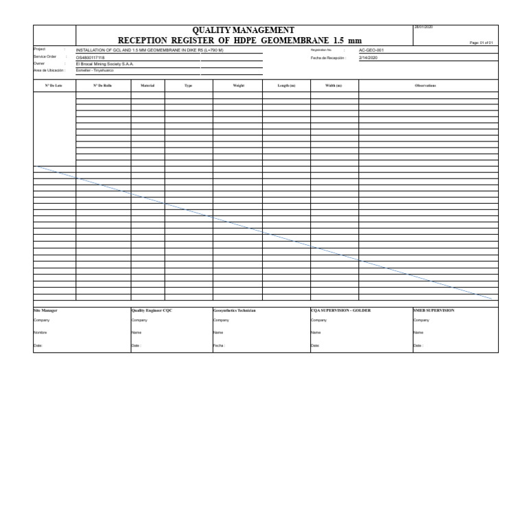 HDPE Geomembrane Reception Register | PDF
