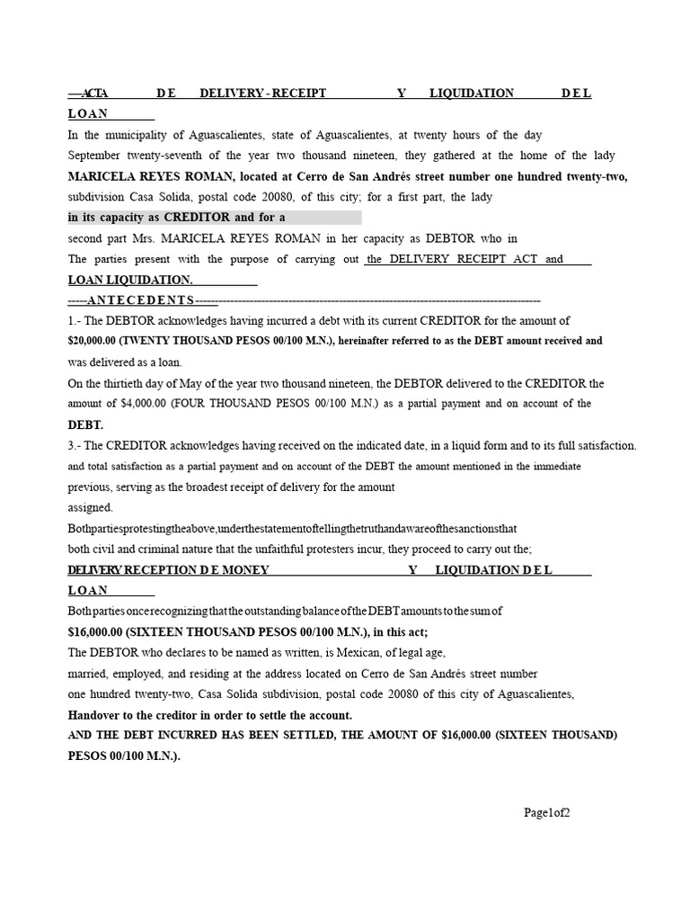 Loan Liquidation Agreement Aguascalientes | PDF | Debt | Debtor