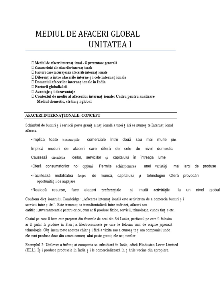 Mediul de Afaceri Global Unitatea 1 | PDF