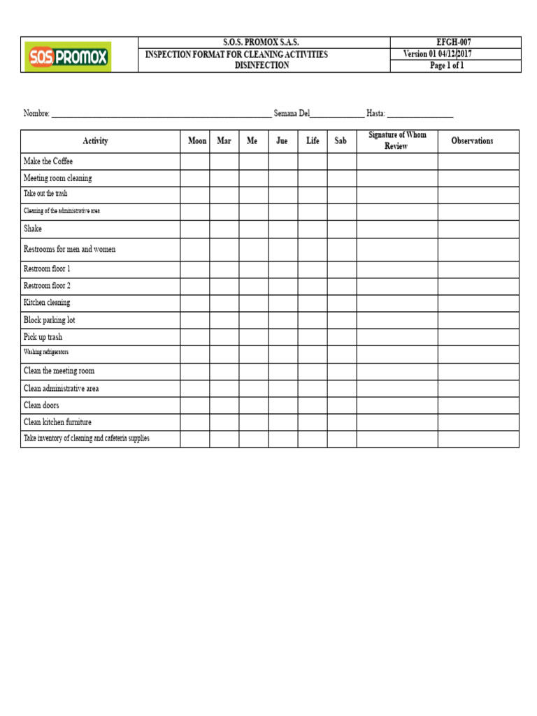 Cleaning Activities Inspection Format | PDF