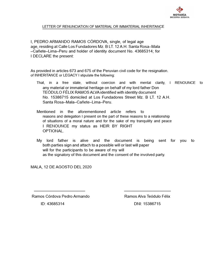 Letter of Renunciation To Material or Immaterial Inheritance | PDF