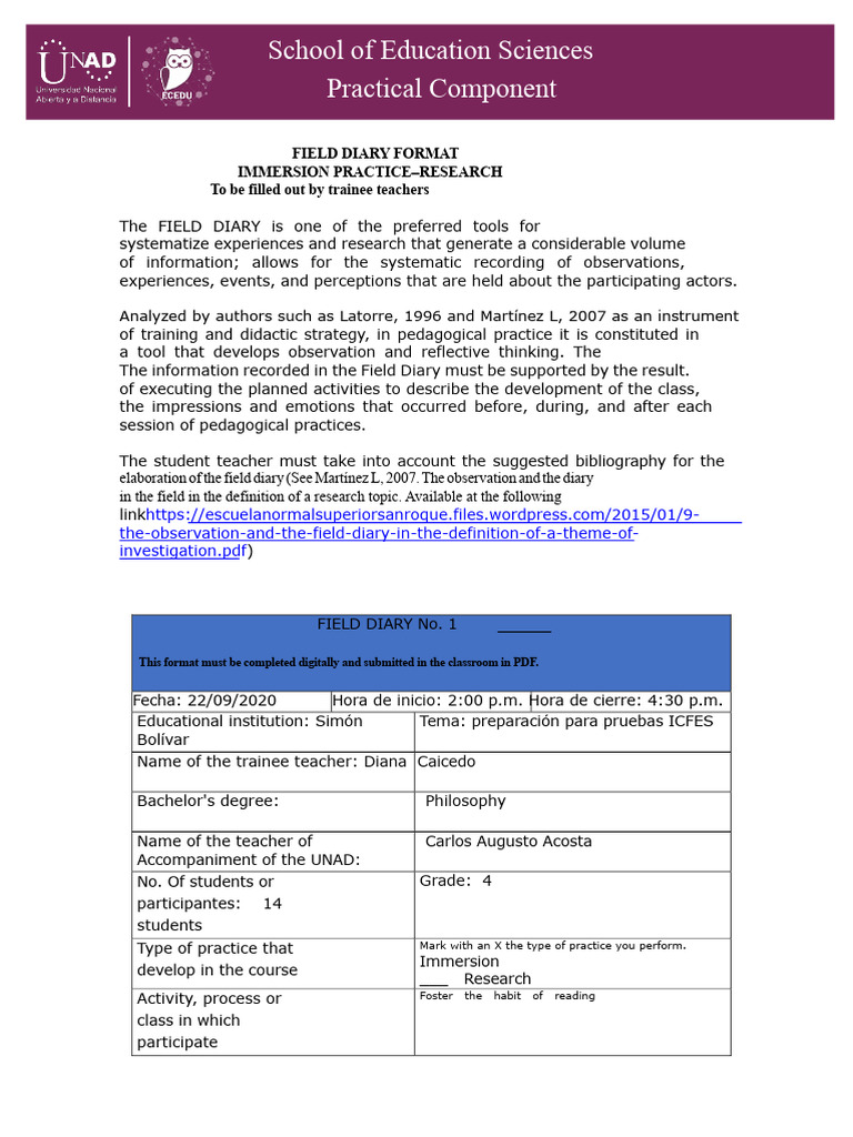 Field Diary Format for Teacher Training | PDF | Knowledge | Cognition