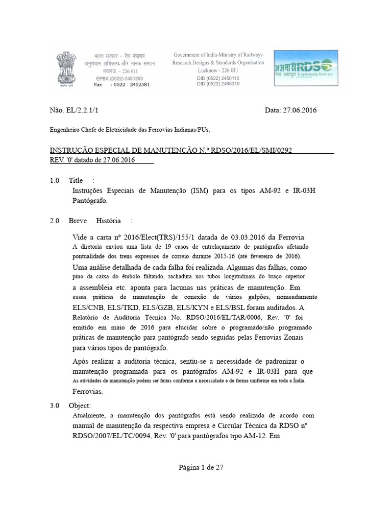 Manutenção Padrão para Pantógrafos AM-92 e IR-03H | PDF | Pistão | Parafuso