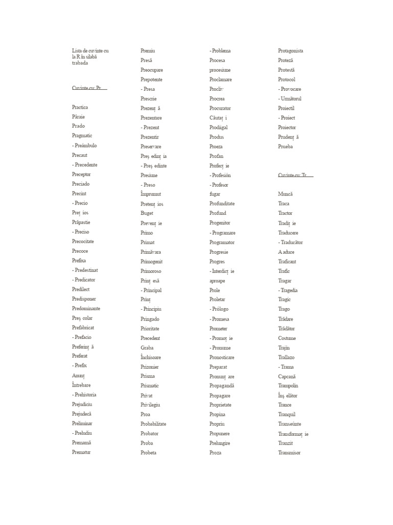 Lista de Cuvinte Cu R În Silabă Închisă | PDF