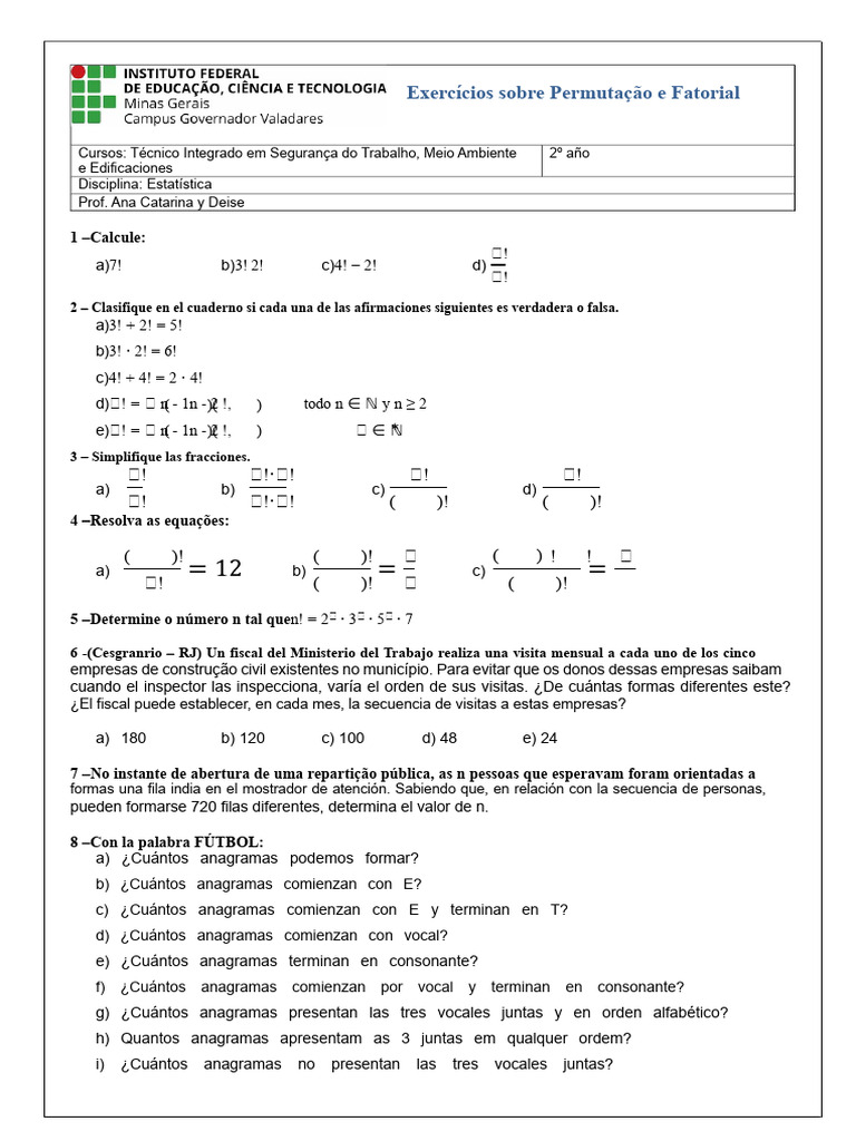 Ejercicios de Permutaciones y Factoriales | PDF