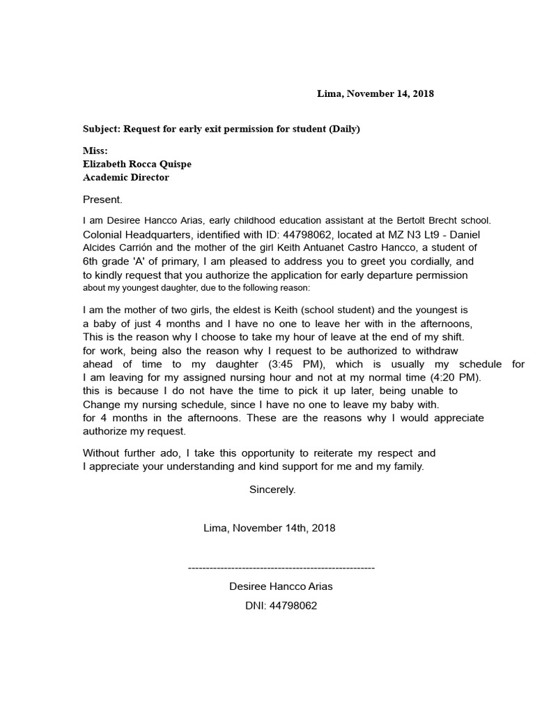 Application For Early Student Exit Permission (Daily) | PDF