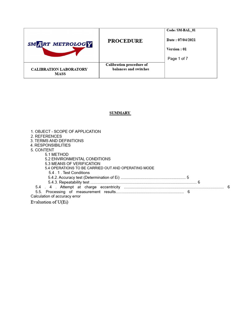 Calibration Procedure for Balances | PDF | Calibration | Weighing Scale