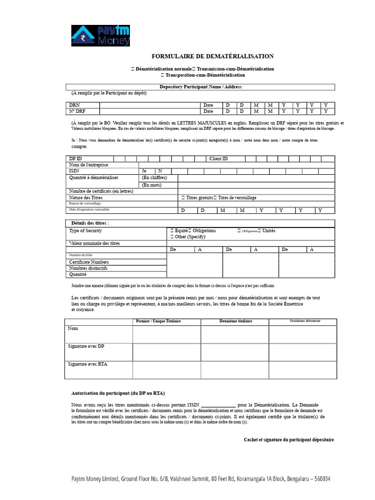 Formulaire de Dématérialisation de Titres | PDF