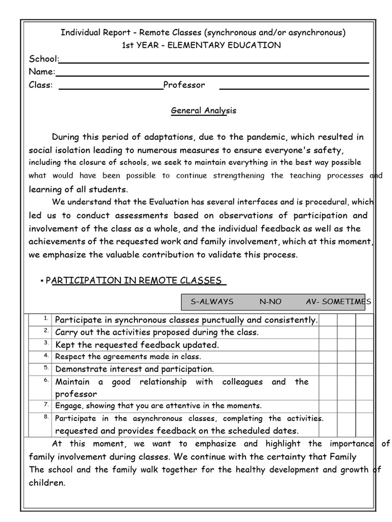Remote Learning Report for 1st Grade | PDF | Word | Letter Case