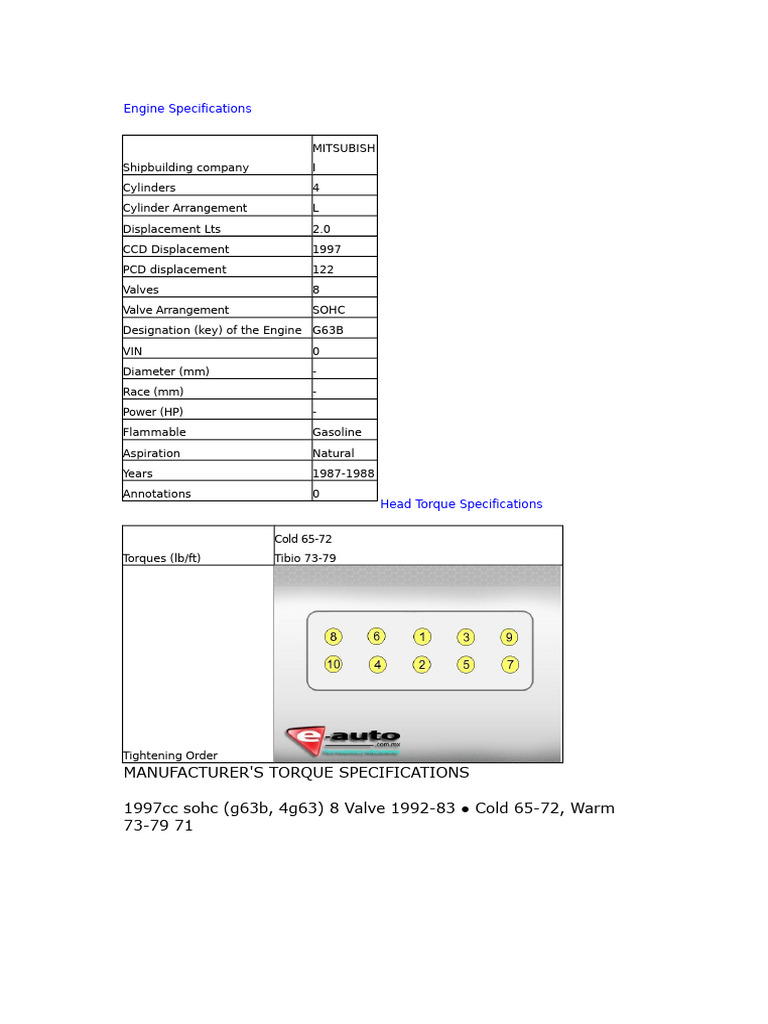 Mitsubishi G63B Engine Specs and Torque | PDF