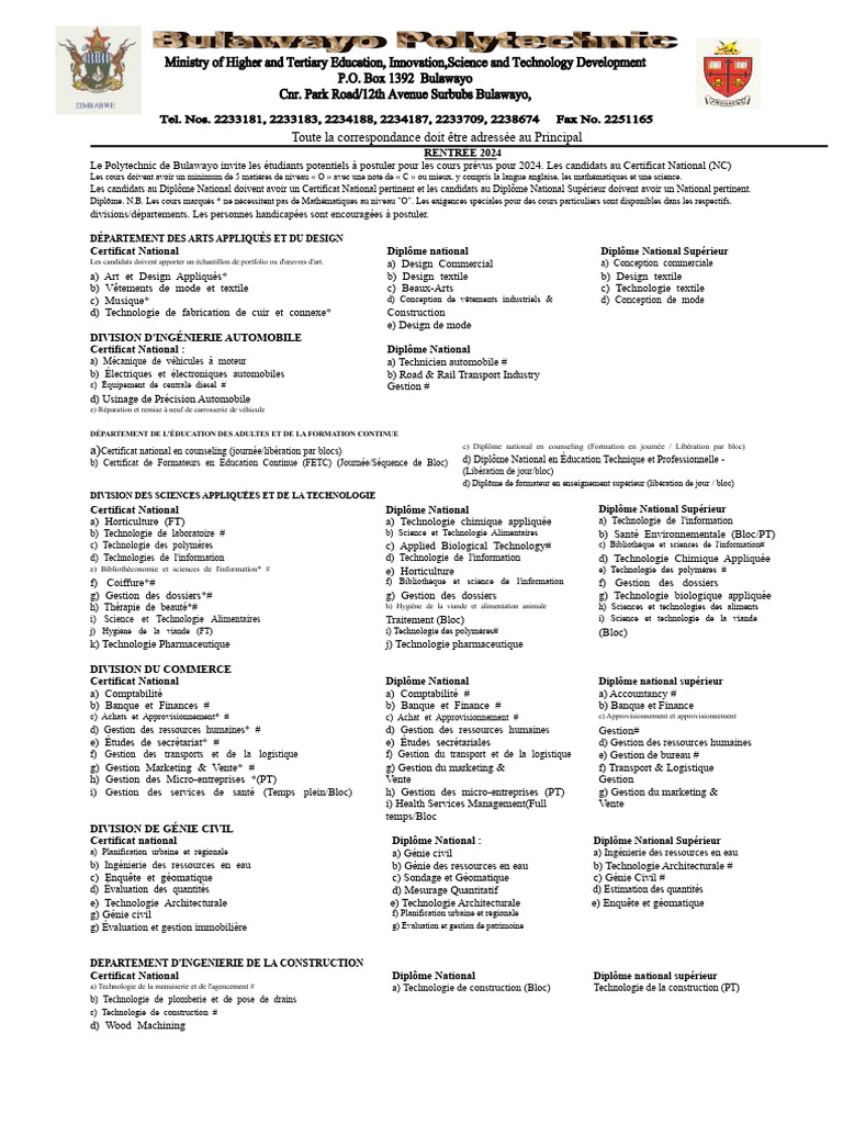 Inscription 2024 au Polytechnic de Bulawayo | PDF | Électrotechnique ...