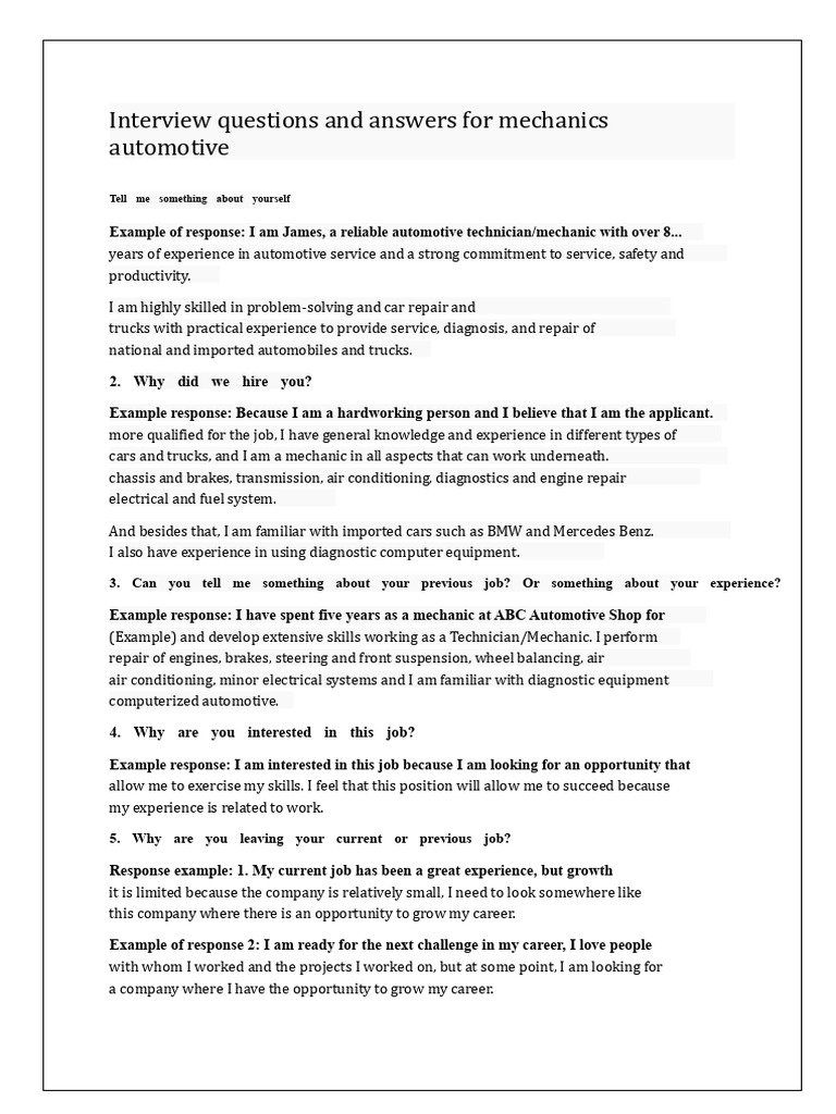 Mechanic Interview Questions & Answers | PDF | Auto Mechanic | Vehicle ...