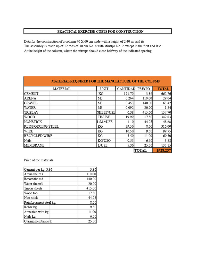 Construction Cost Calculation Column | PDF | Cost Of Goods Sold | Concrete