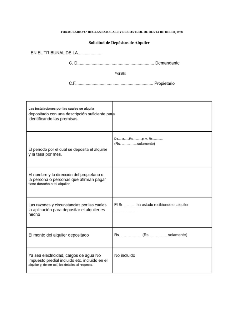 Formulario 'C' Reglas Bajo La Ley de Control de Alquileres de Delhi ...