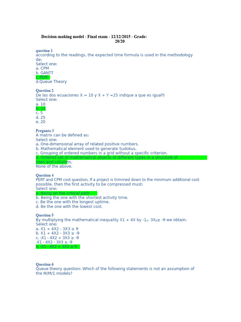 Decision-Making Model Exam Questions | PDF | Applied Mathematics ...