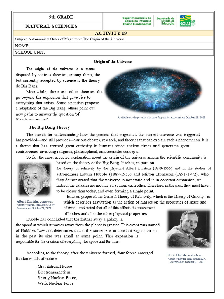 Activity 19 - 9th CIE - Origin of The Universe | PDF | Universe | Big Bang