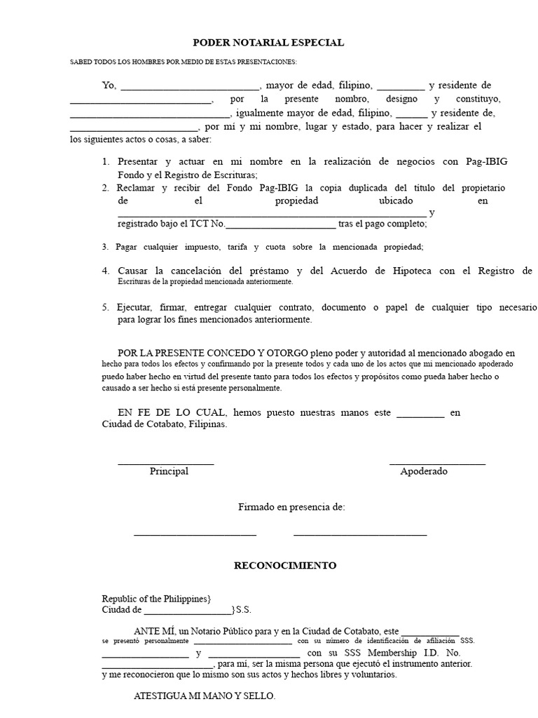 Poder Notarial Especial en Filipinas | PDF | Propiedad | Derecho Civil ...