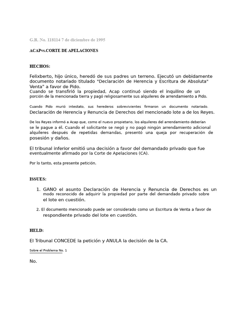 Acap V CA Resumen Del Caso | PDF | Propiedad | Herencia