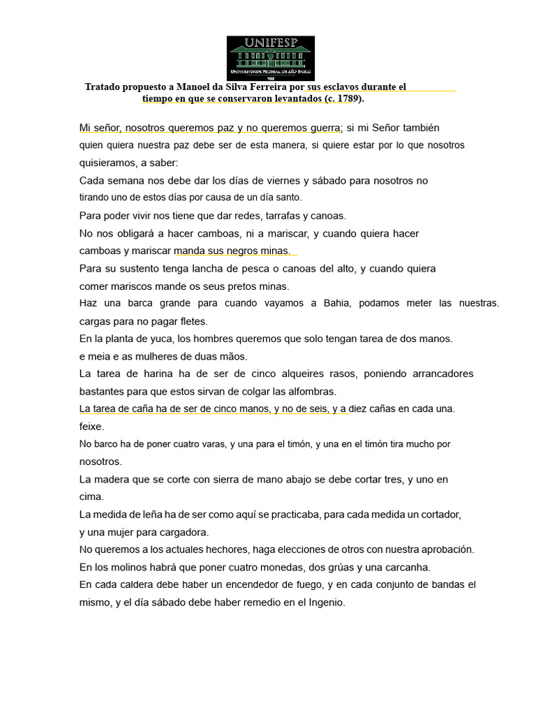 Tratado Propuesto A Manoel Da Silva Ferreira Por Sus Esclavos Durante ...