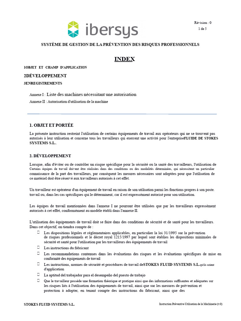 Instruction Préventive Autorisation D'utilisation de Machines | PDF ...