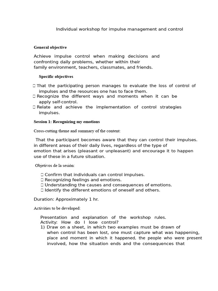 Impulse Control Strategies Workshop | PDF | Self-Management | Self Control
