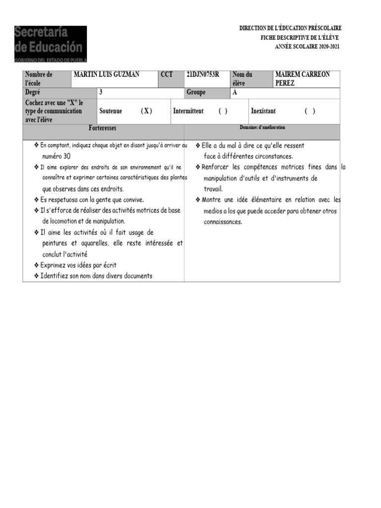 Fiche descriptive élève 2020-2021 | PDF | Des sports | Apprentissage