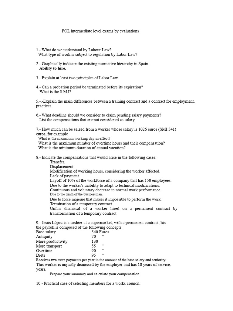 Medium Level Fol Exams | PDF | Labour Law | Salary