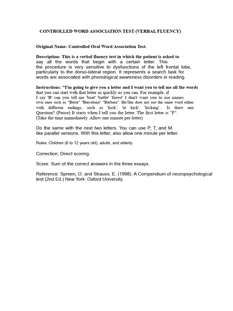 Controlled Word Association Test Guide | PDF | Neuroscience | Cognitive ...