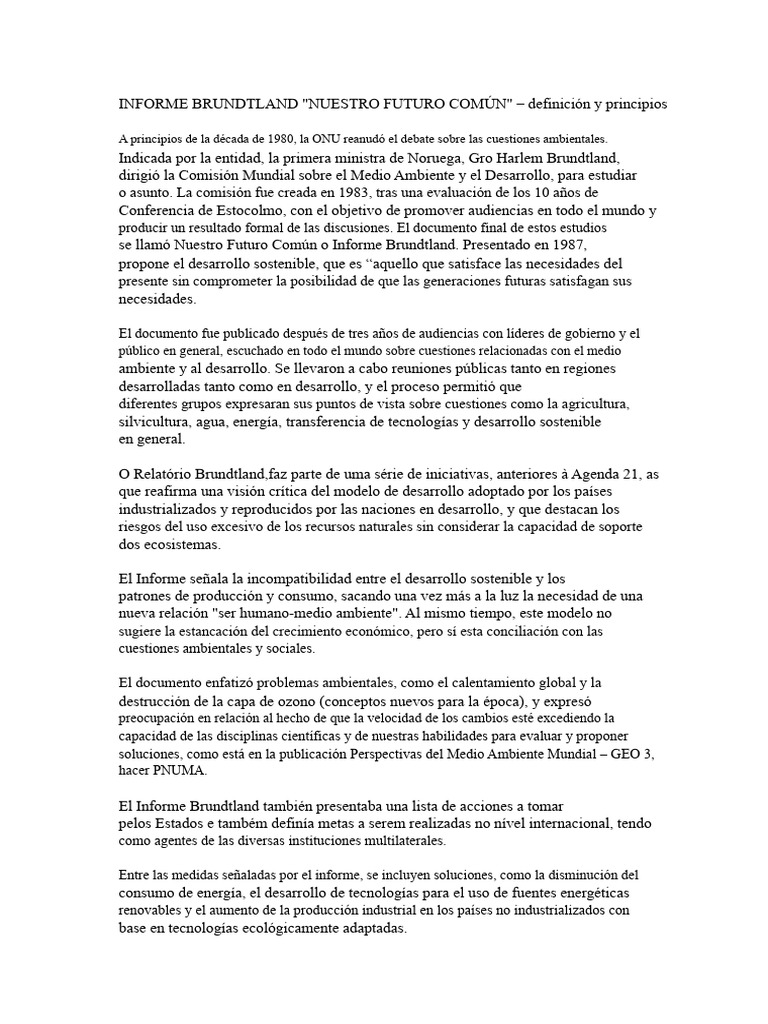 Informe Brundtland PDF | PDF | Desarrollo sostenible | Sustentabilidad