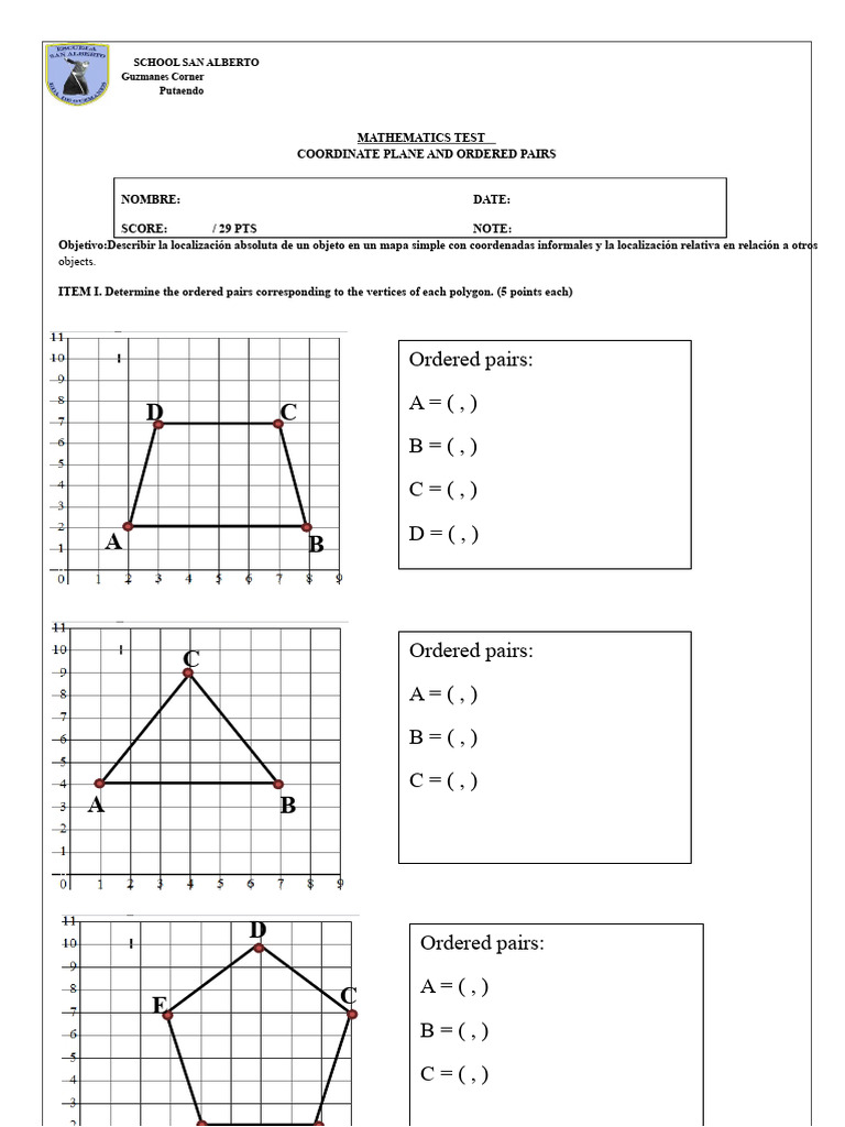 Mathematics Test Coordinate Plane and Ordered Pairs | PDF | Geometric ...
