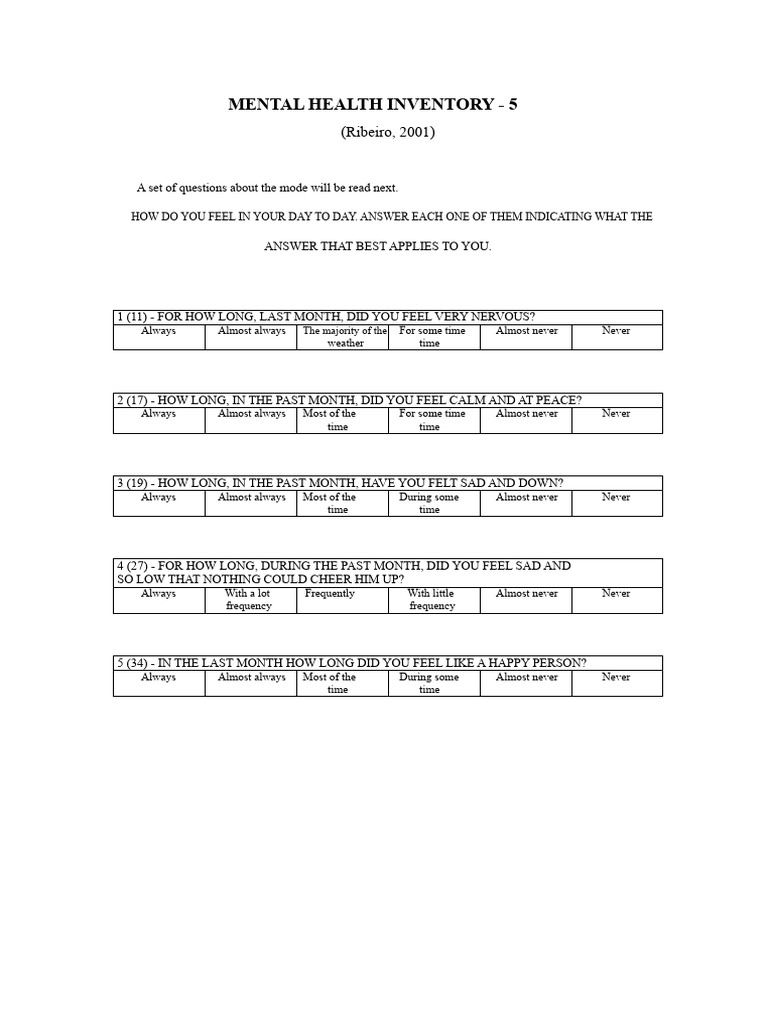 Mental Health Inventory Questionnaire | PDF