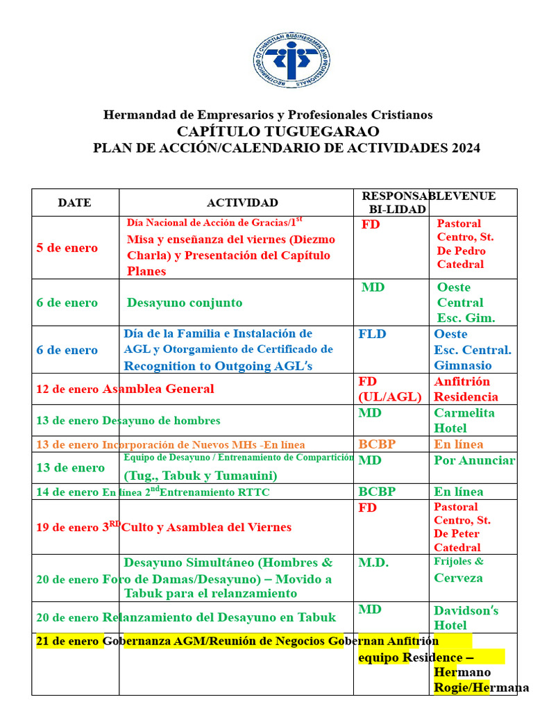 Calendario de Actividades Del Plan de Acción BCBP 2024 | PDF