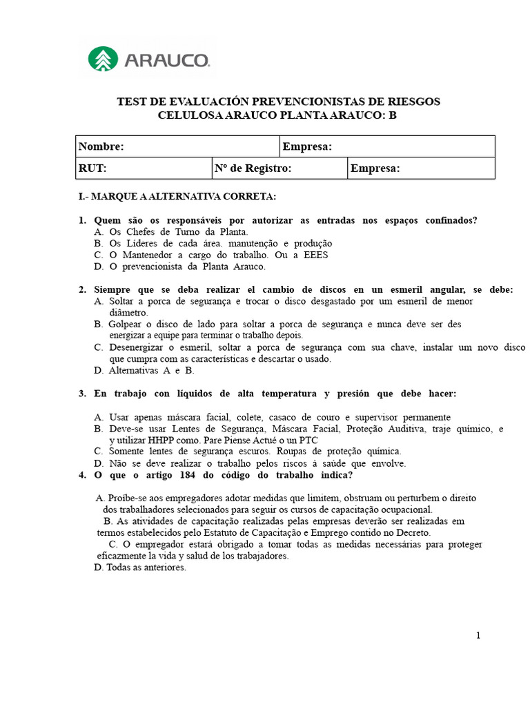 Teste de Avaliação para Prevenção de Riscos | PDF