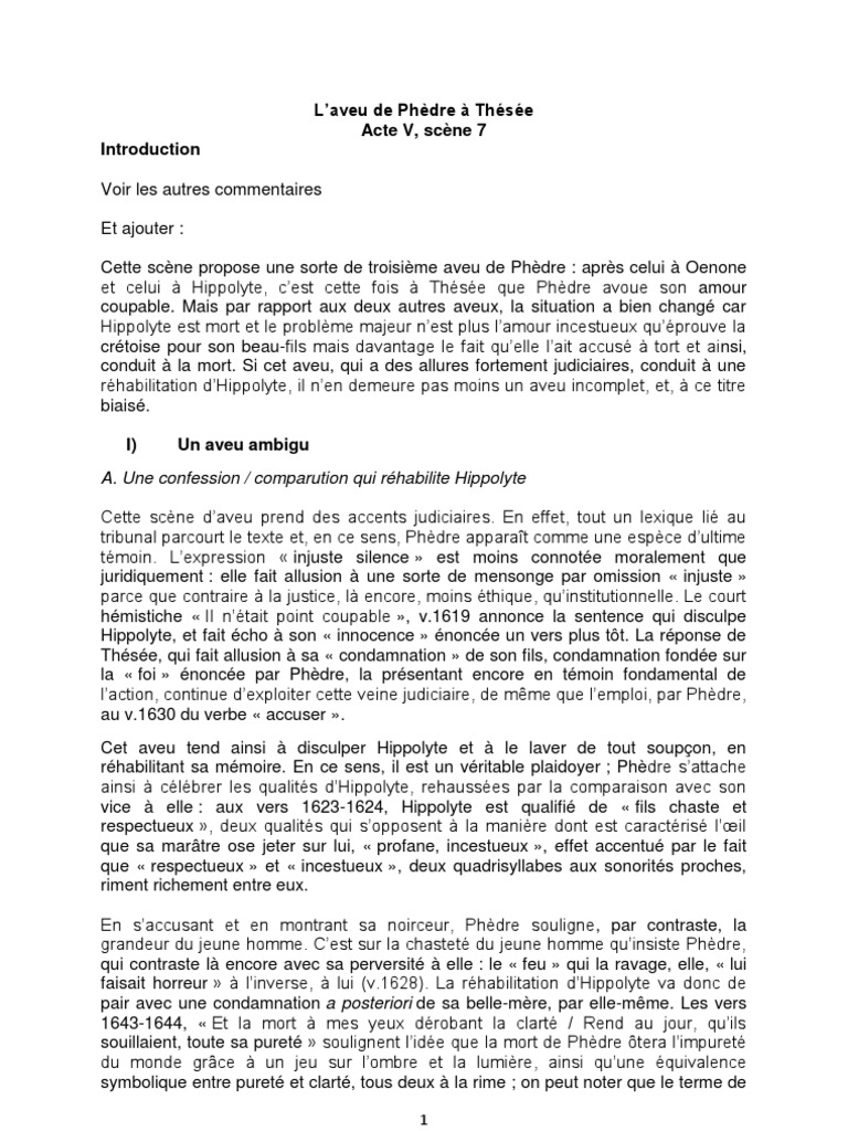 Phedre Acte 5 Scene 6 Aveu de Phèdre À Thésée | PDF | Tragédie | Désastres et accidents