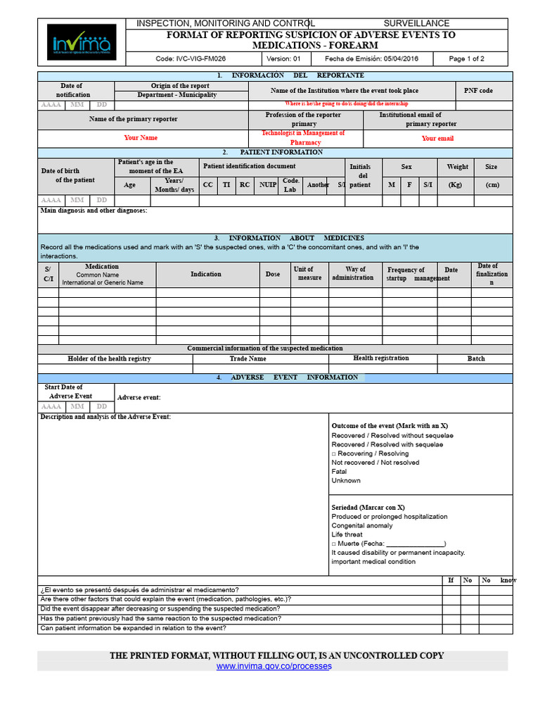 Adverse Event Reporting Form for Medications | PDF | Identity Document ...