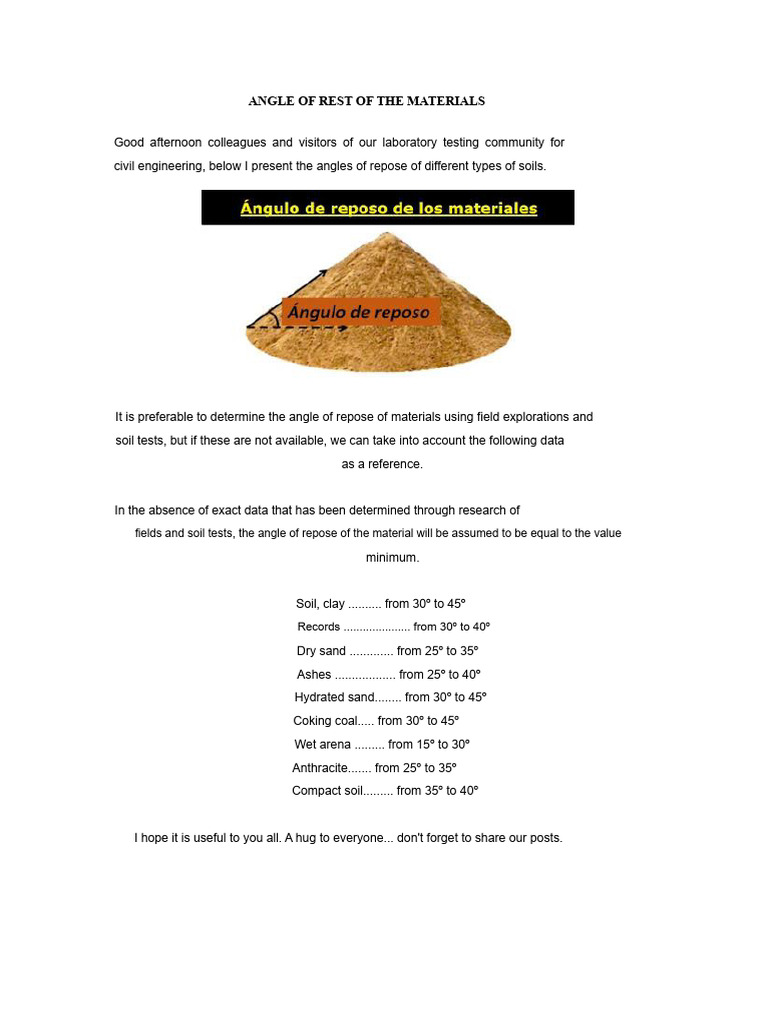 Angle of Repose for Various Soils | PDF