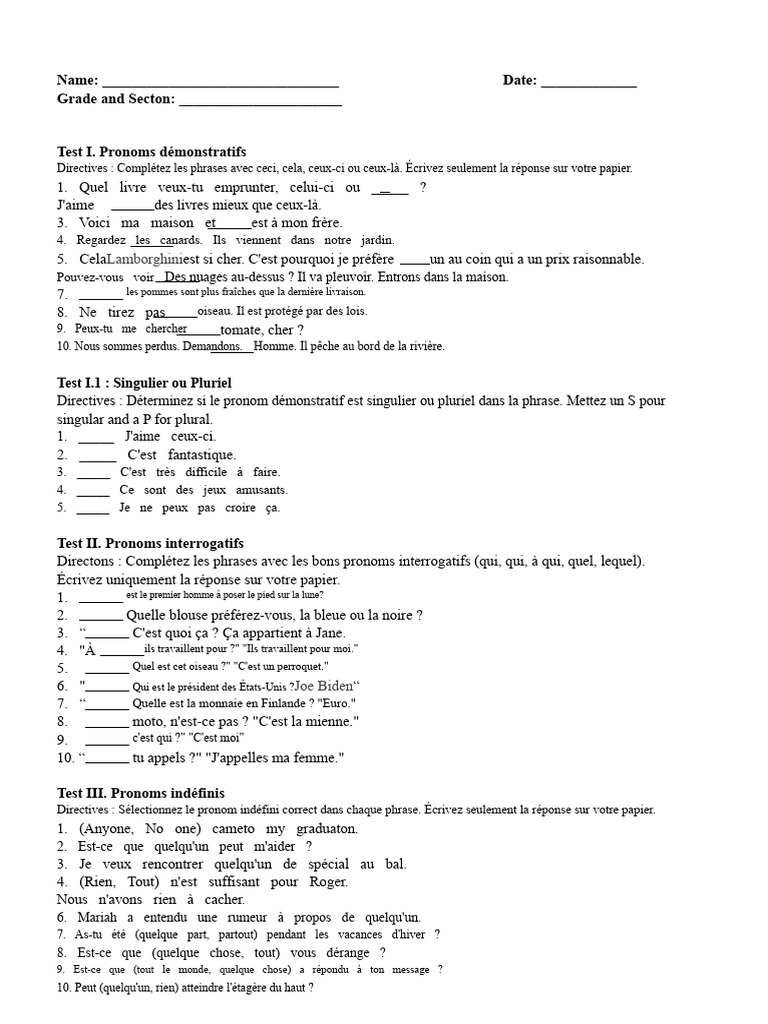 Exercices sur les pronoms en français | PDF | Pronom | Nombre grammatical
