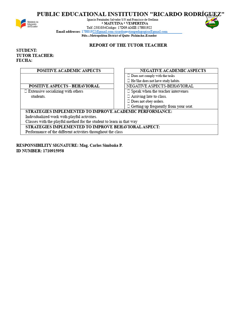 Tutor Report for Student at RICARDO RODRÍGUEZ | PDF